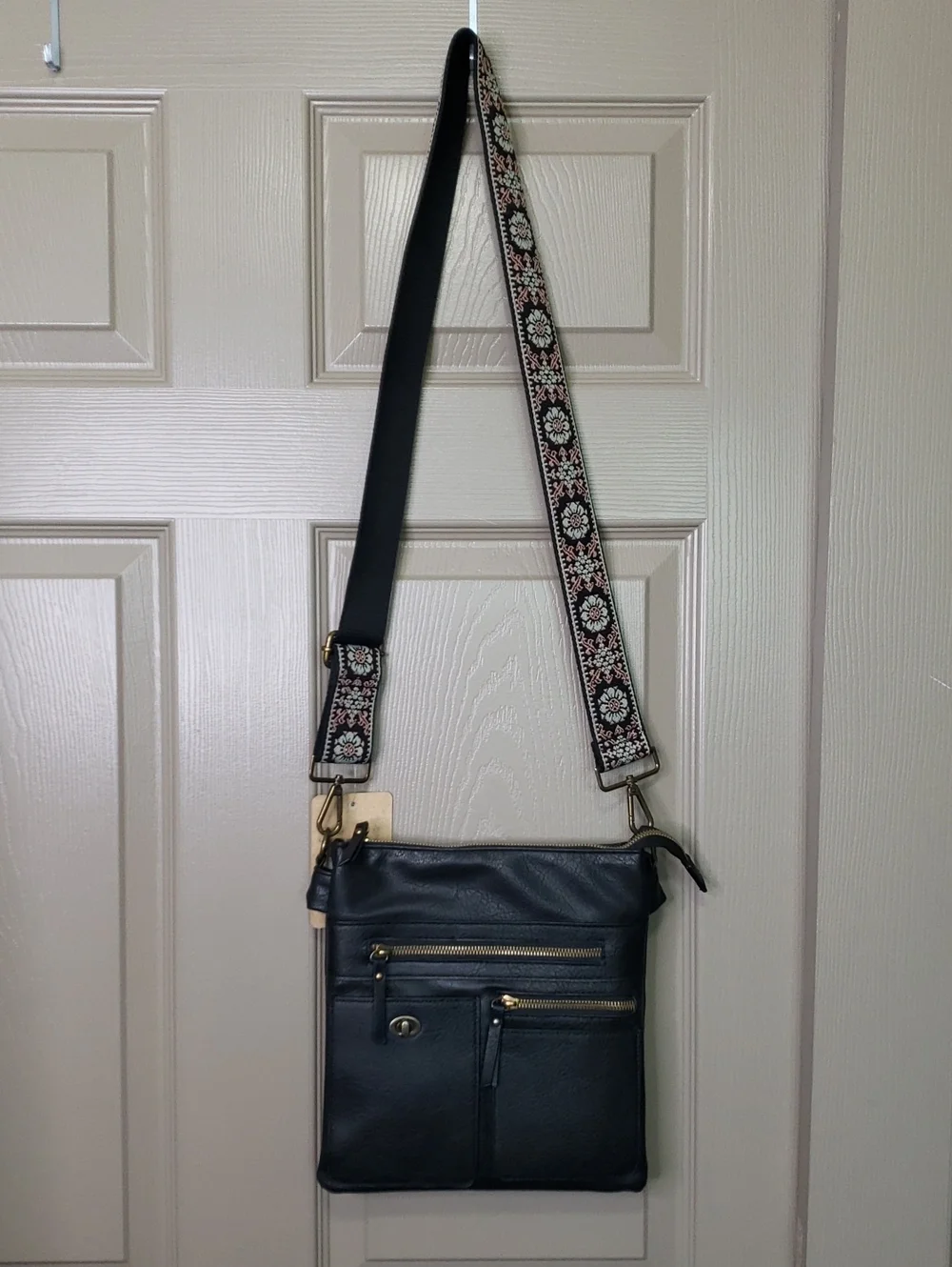 NWT Olivia And Kate Black Vegan Crossbody Bag with Patterned Embroidery Strap